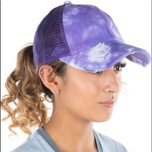 Purple tie dye ponytail hat